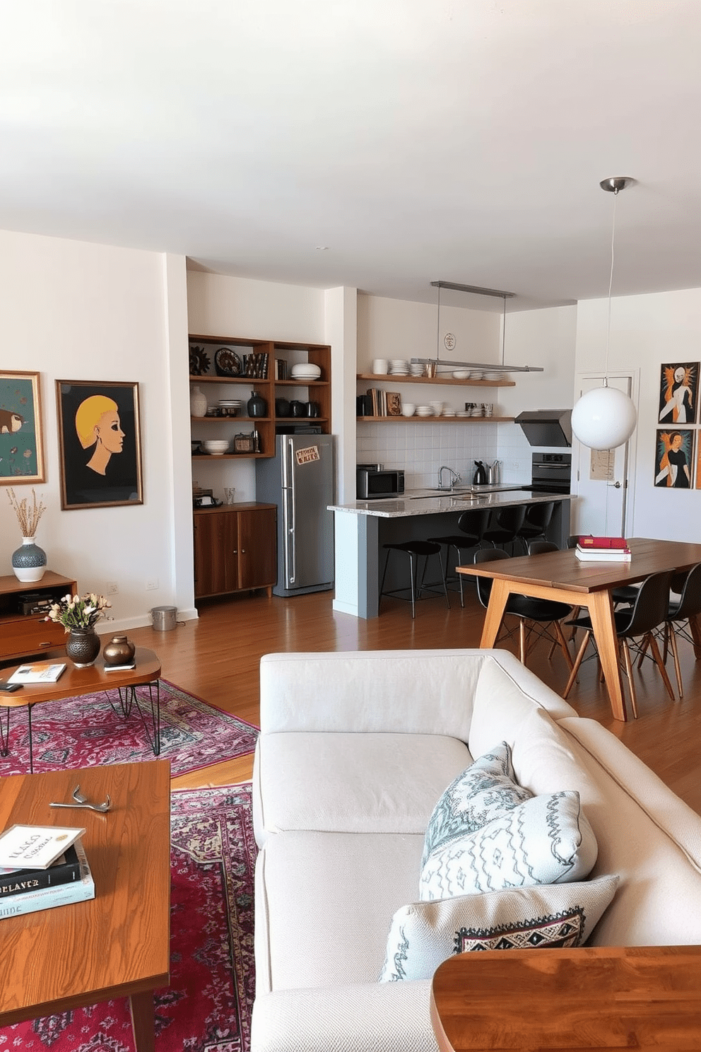 A stylish apartment featuring vintage decor elements blended seamlessly with modern furnishings. The living area showcases a mid-century coffee table paired with a sleek contemporary sofa, accented by retro wall art and a vintage rug. In the kitchen, open shelving displays a mix of antique dishware and modern appliances. The dining area features a rustic wooden table surrounded by modern chairs, creating an inviting space for gatherings.