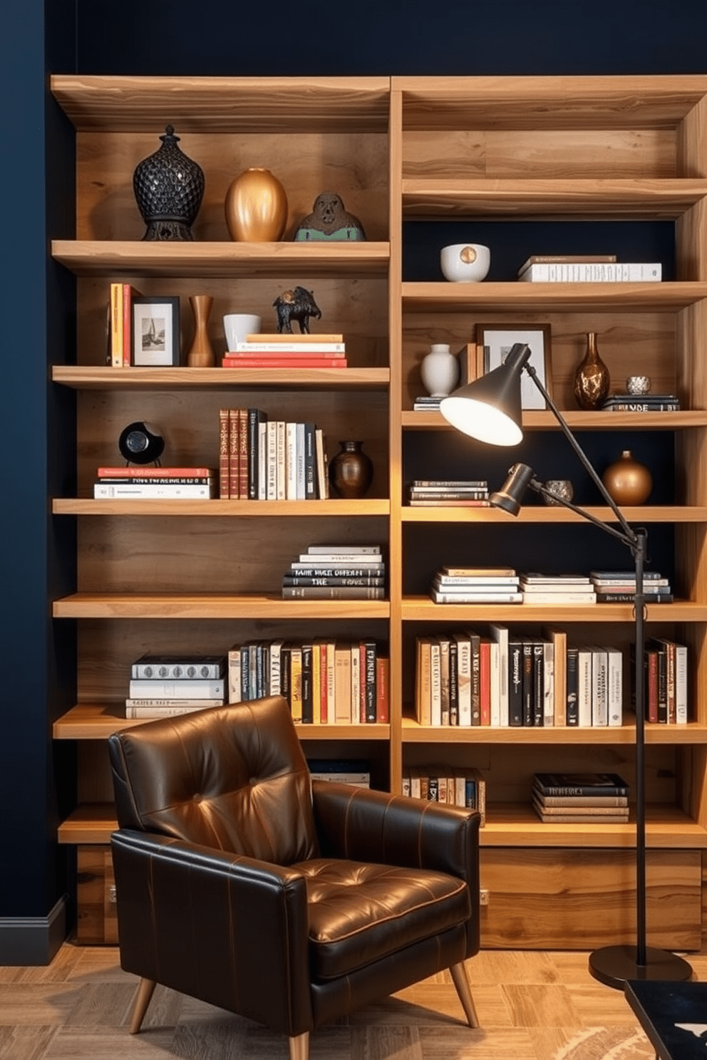 Open shelving made of reclaimed wood displays a curated selection of books and unique decorative pieces. The backdrop features a deep navy blue accent wall that adds a bold contrast to the light-colored shelves. A comfortable reading nook is nestled beside the shelves, featuring a sleek leather armchair and a small side table. A stylish floor lamp provides warm light, creating an inviting space for relaxation and inspiration.