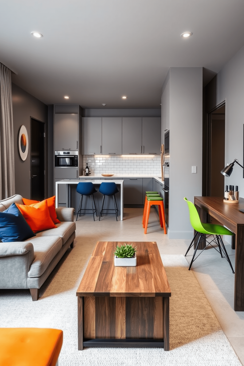 A modern apartment designed for men featuring a neutral color palette of grays and whites complemented by pops of vibrant colors like deep blue and rich orange. The living area includes a sleek gray sofa adorned with colorful throw pillows and a stylish coffee table made of reclaimed wood. The kitchen boasts minimalist cabinetry in a light gray finish with bold accents in the form of colorful bar stools. A well-organized workspace is integrated into the design, showcasing a dark wood desk paired with a bright green chair, creating an energizing yet sophisticated atmosphere.