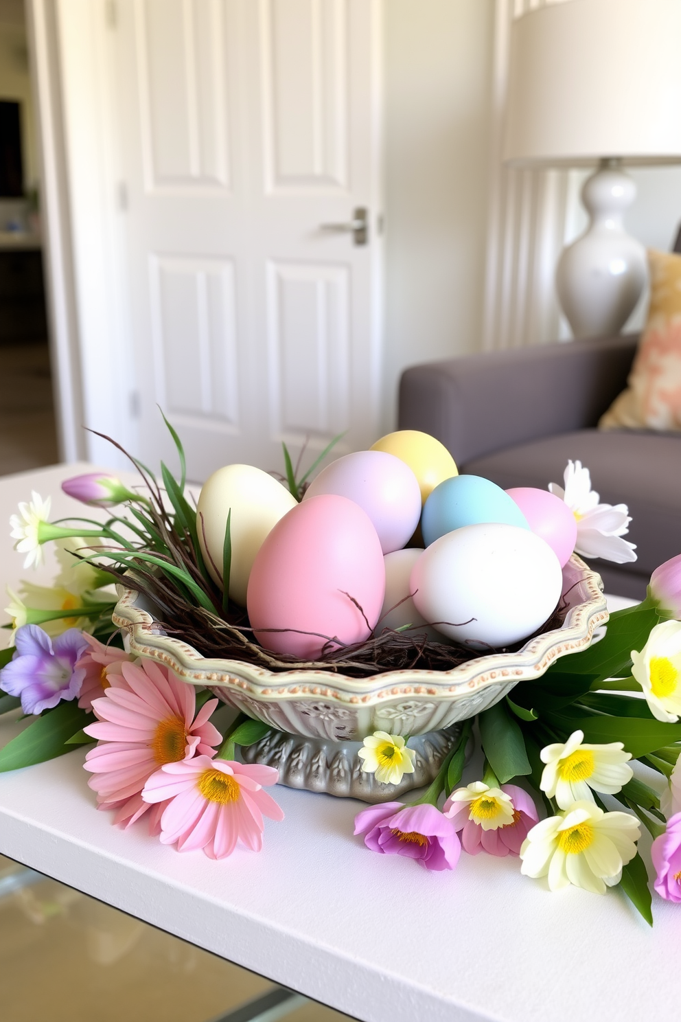 Create a charming Easter centerpiece featuring pastel colored eggs arranged in a decorative bowl. Surround the bowl with fresh spring flowers to enhance the festive atmosphere in the apartment.