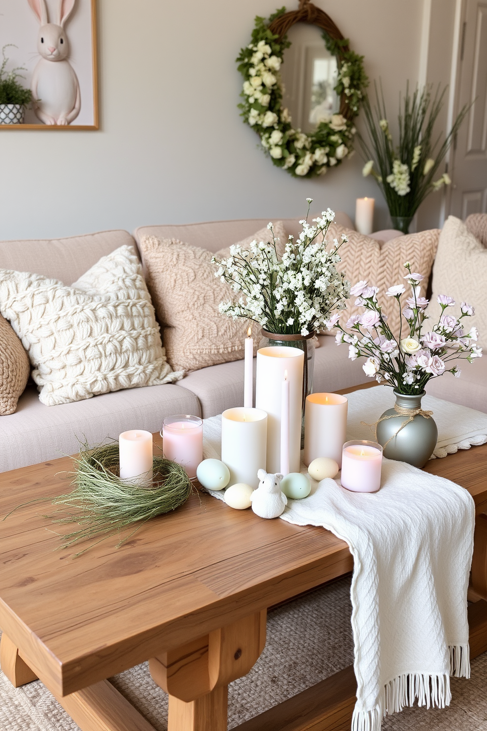 A cozy living room setting adorned with seasonal candles in pastel hues. The candles are arranged on a rustic wooden coffee table, surrounded by soft, plush cushions and a light throw blanket. Easter decorations bring a festive touch to the space. Delicate floral arrangements in soft colors complement the candles, creating a warm and inviting atmosphere.