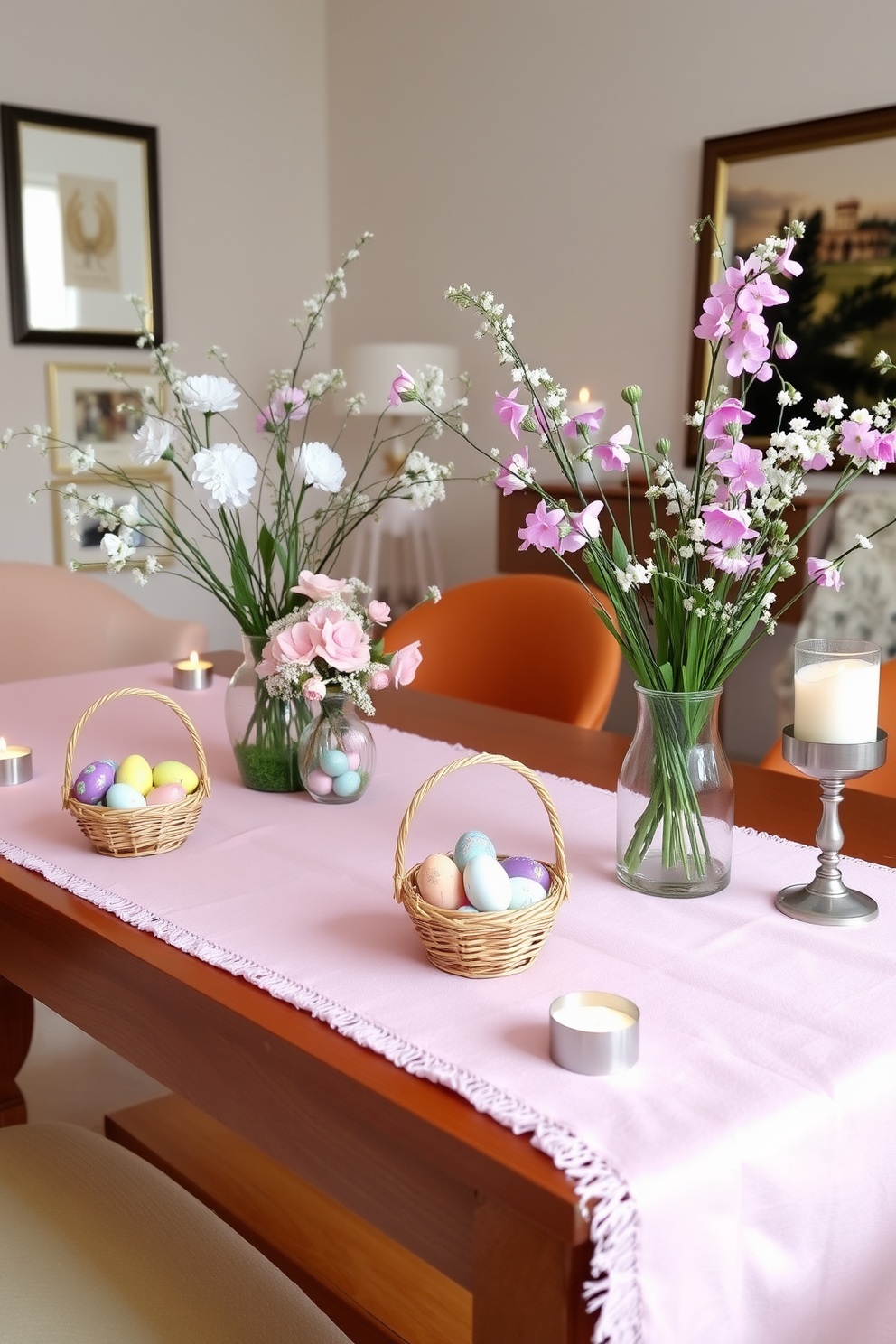 Miniature Easter baskets filled with colorful eggs are arranged as charming table decor. Each basket is placed on a pastel-colored tablecloth, enhancing the festive atmosphere of the apartment. Delicate floral arrangements in soft hues complement the baskets, adding a touch of spring elegance. Candles in decorative holders are scattered around, creating a warm and inviting ambiance for Easter celebrations.