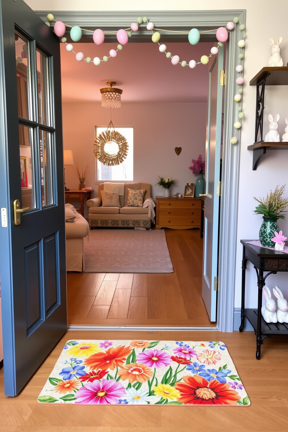 A vibrant floral doormat welcomes guests at the entrance of the apartment. The doormat features a colorful array of blooming flowers set against a cheerful background, adding a touch of springtime charm. For Easter decorating ideas, the apartment is adorned with pastel-colored accents. Delicate garlands of eggs hang above doorways while cheerful bunny figurines are placed on shelves and tabletops.