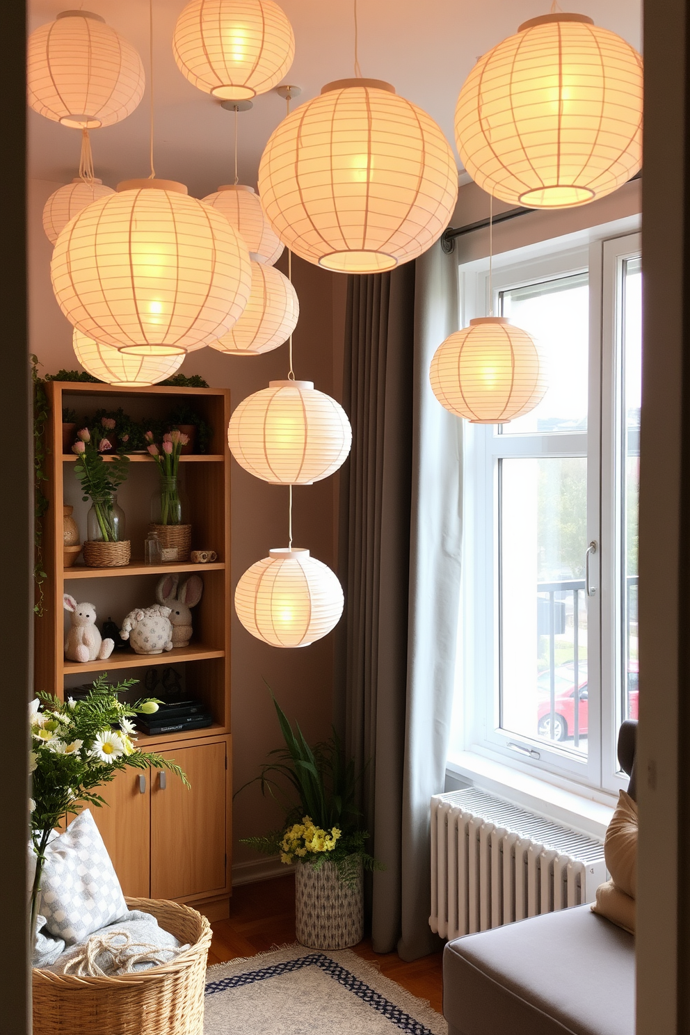 A cozy apartment setting adorned with hanging paper lanterns in soft pastel shades. The lanterns cast a warm glow, creating a festive atmosphere perfect for Easter celebrations.