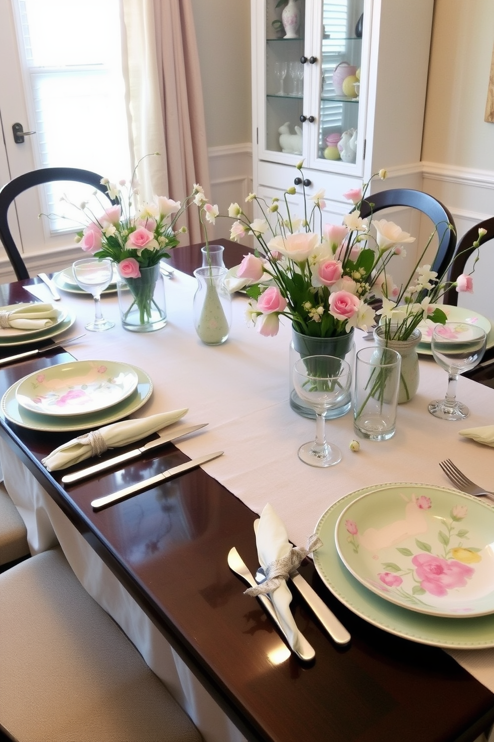 Easter themed dishware set on a beautifully laid dining table. The table is adorned with pastel colored plates featuring floral patterns, accompanied by matching napkins and glassware. Delicate centerpieces made of fresh spring flowers in soft hues enhance the festive atmosphere. A light linen tablecloth complements the cheerful decor, creating an inviting space for family gatherings.