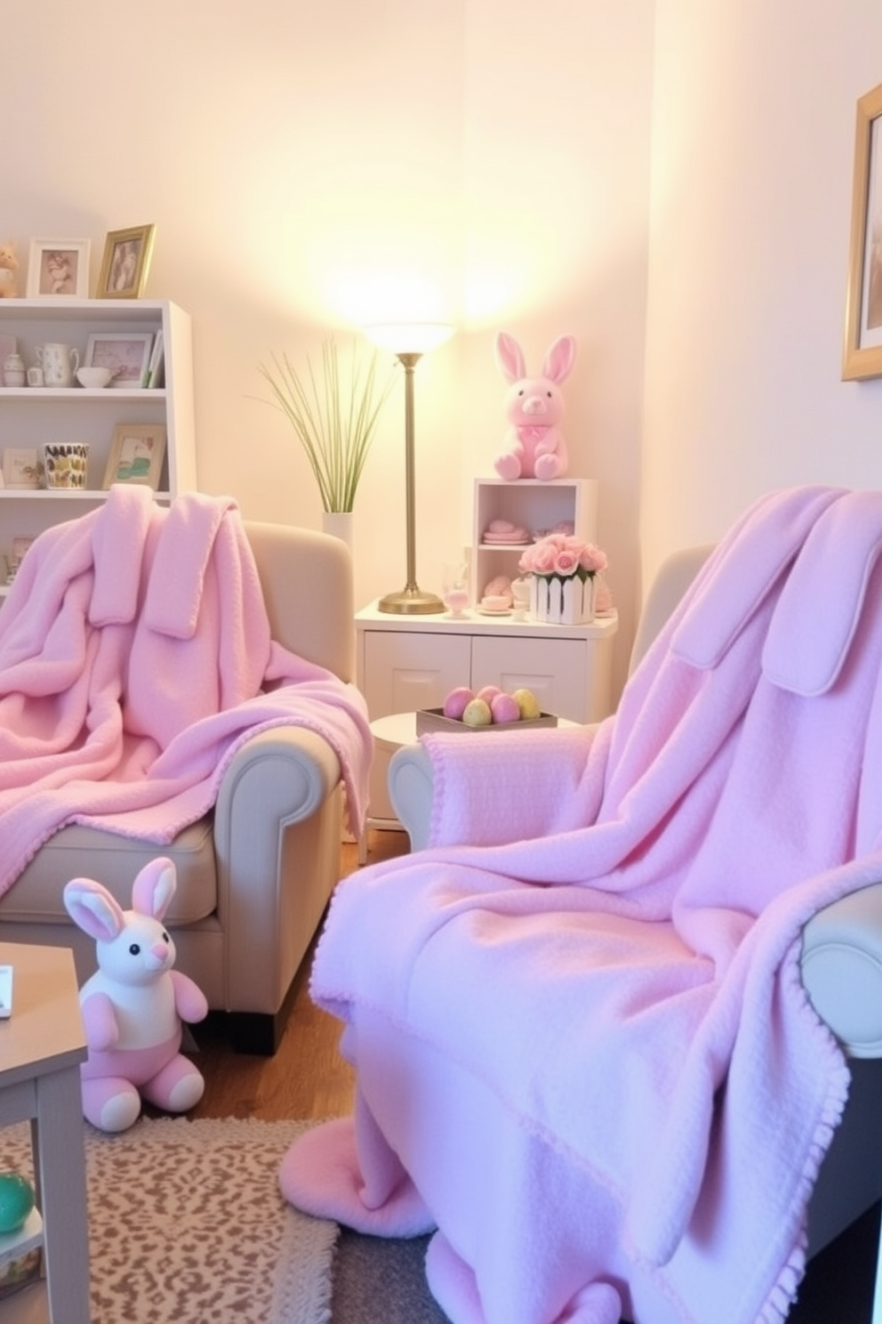 Soft bunny blankets draped over cozy armchairs create a warm and inviting atmosphere. The gentle pastel colors of the blankets complement the cheerful Easter decorations scattered throughout the apartment.