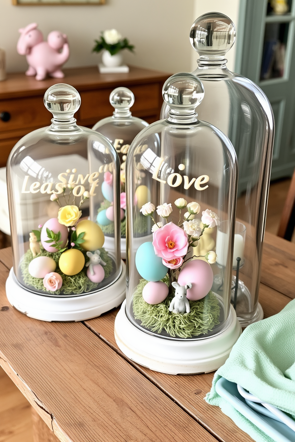 Chic glass cloches are displayed on a rustic wooden table, each containing carefully curated decorations that embody the spirit of Easter. Vibrant pastel eggs, delicate blossoms, and charming figurines are arranged within the cloches, creating a whimsical yet sophisticated atmosphere.