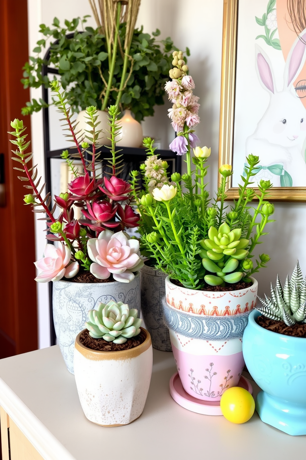 Succulent arrangements in decorative pots create a vibrant and refreshing atmosphere. The pots feature various textures and colors, enhancing the visual appeal of the greenery. Apartment Easter decorating ideas incorporate pastel colors and whimsical elements. Adorn the space with floral arrangements, Easter-themed artwork, and charming table settings to celebrate the holiday.