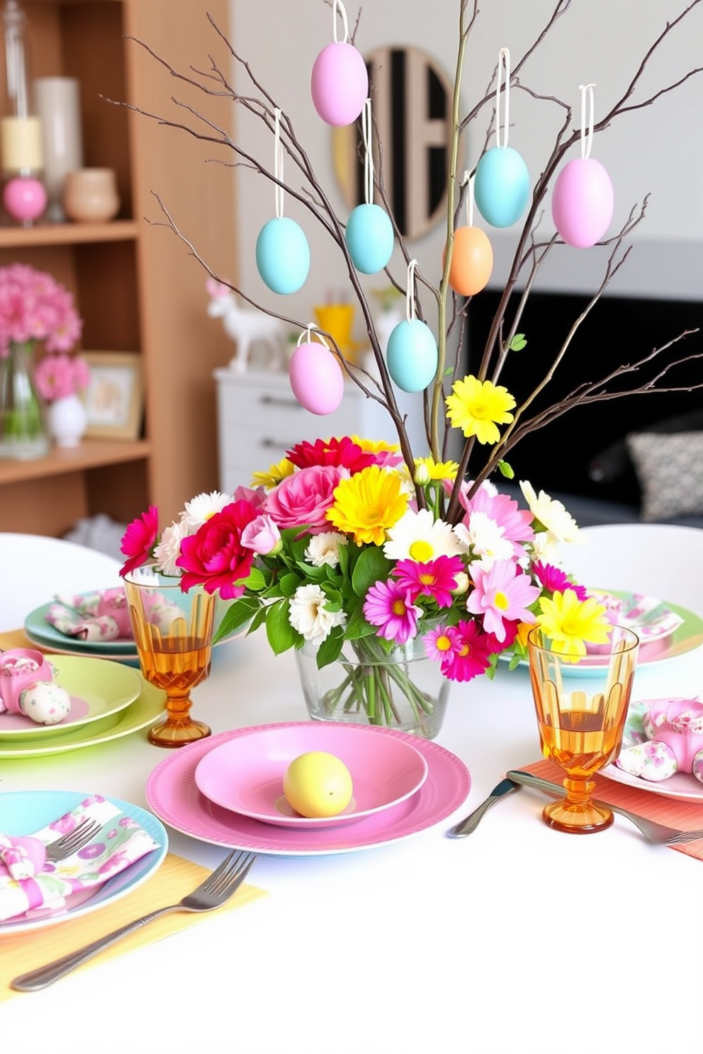 Brightly colored table settings for brunch feature a vibrant mix of pastel plates and floral napkins. The table is adorned with fresh flowers in various shades, creating a cheerful and inviting atmosphere. Apartment Easter decorating ideas include hanging colorful eggs from branches in a stylish vase. Soft pastel decorations are placed throughout the space, enhancing the festive and cozy ambiance.