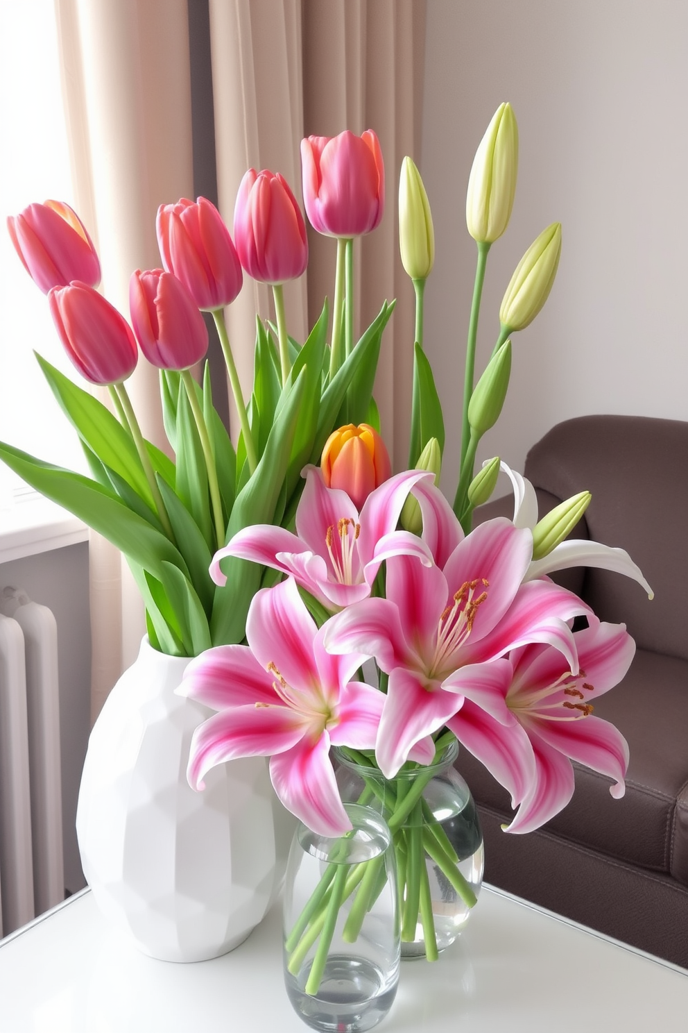 Floral arrangements featuring vibrant tulips and elegant lilies create a refreshing atmosphere for your apartment. These arrangements can be placed in stylish vases to enhance the festive spirit of Easter decorating ideas.