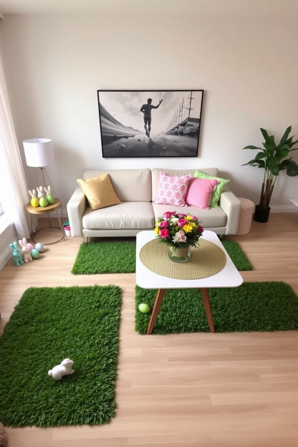 A cozy apartment living room adorned with faux grass mats to create a festive atmosphere. The mats are layered on a light hardwood floor, complementing pastel-colored cushions on a modern sofa. Brightly colored Easter decorations are placed around the room, including decorative eggs and bunny figurines. A cheerful table setting with a floral centerpiece enhances the holiday spirit.