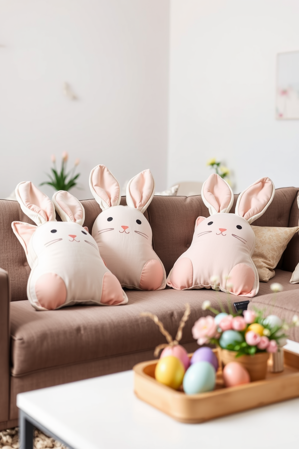 A cozy living room setting featuring bunny shaped cushions arranged on a stylish sofa. The cushions are made of soft fabric in pastel colors, adding a playful touch to the space while complementing the light and airy atmosphere. In the background, a coffee table is adorned with Easter-themed decorations such as colorful eggs and a small floral arrangement. The walls are decorated with subtle spring-inspired artwork, enhancing the festive vibe of the apartment.