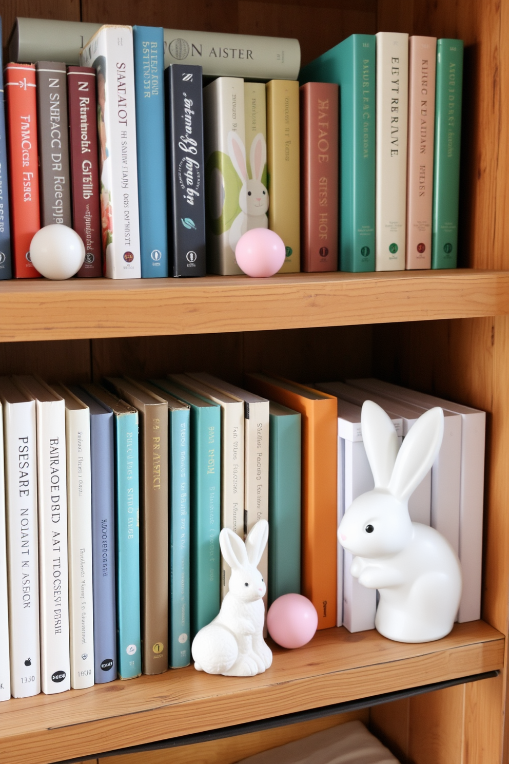 A cozy apartment corner features a collection of Easter themed books arranged on a rustic wooden shelf. Soft pastel decorations such as eggs and bunnies are artfully placed among the books to enhance the festive atmosphere.