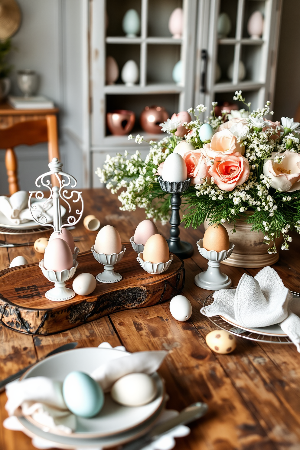 A charming vintage-inspired setting featuring elegant egg holders displayed on a rustic wooden table. The table is adorned with pastel-colored eggs and delicate floral arrangements, creating a warm and inviting atmosphere for Easter celebrations.