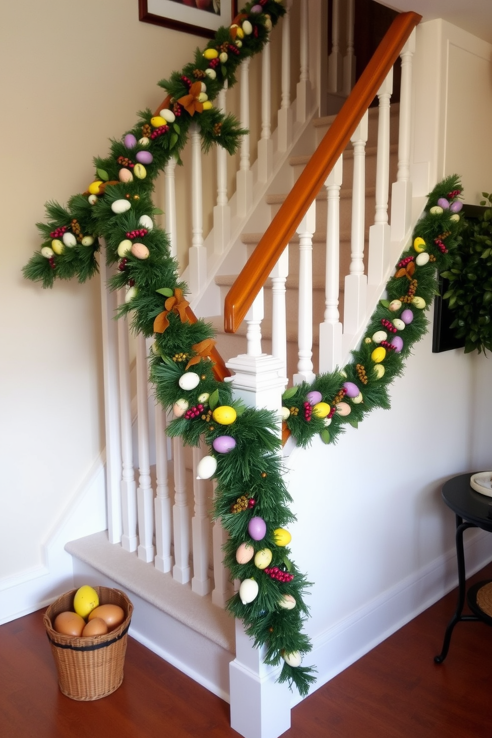 A cozy apartment setting adorned with seasonal garlands draped elegantly along the stair railings. The garlands feature vibrant colors and textures, bringing a festive touch to the space for Easter celebrations.