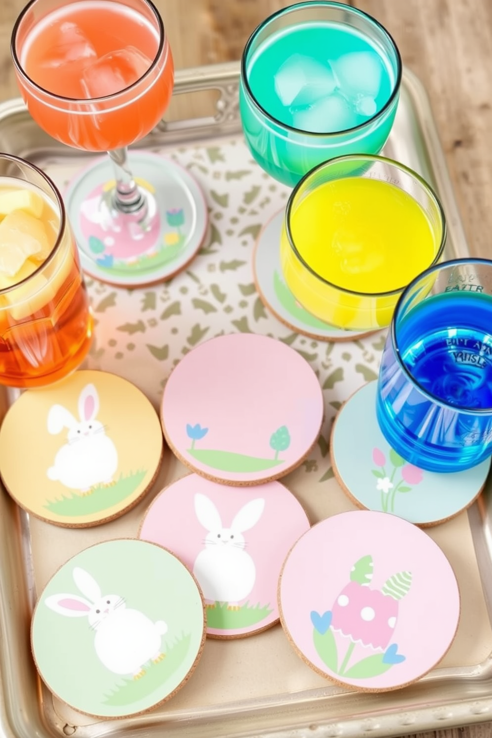 Easter themed coasters for drinks featuring pastel colors and playful designs. Each coaster showcases different Easter symbols such as bunnies, eggs, and flowers, adding a festive touch to your table setting. These coasters are made of cork with a smooth finish, perfect for protecting surfaces from moisture. Arrange them on a decorative tray alongside colorful drinks to enhance your Easter celebration decor.