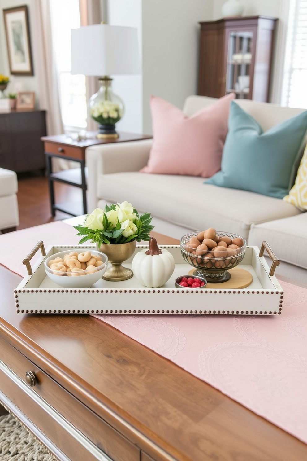 A stylish living room arrangement featuring decorative trays filled with seasonal treats. The trays are artfully displayed on a coffee table adorned with a pastel table runner, complemented by soft cushions in spring colors on the sofa.