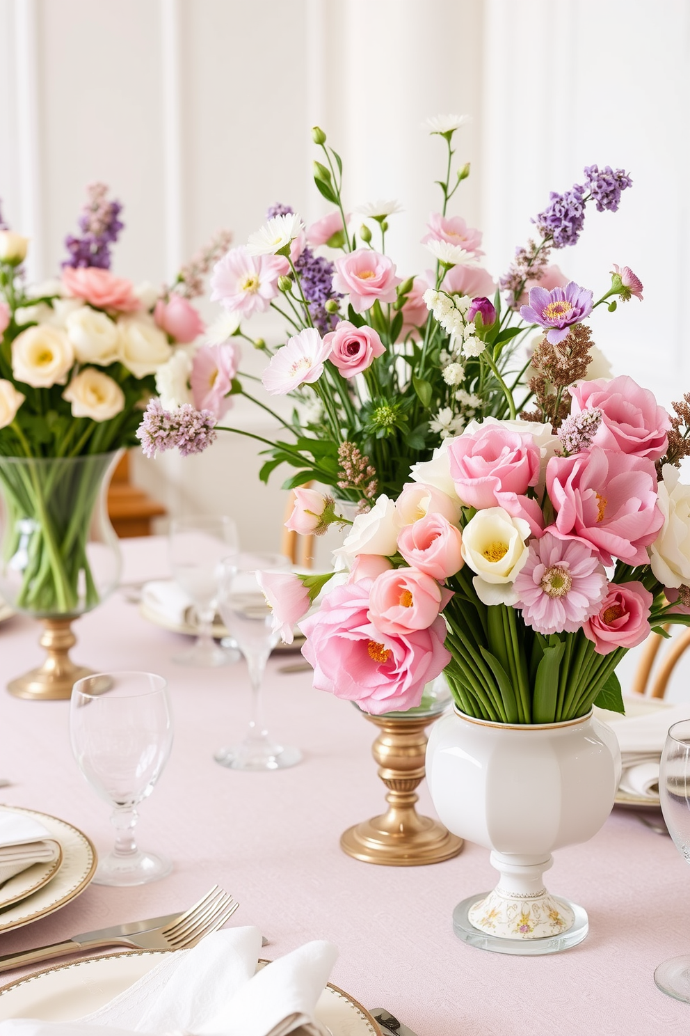 Springtime floral arrangements in elegant vases adorn a beautifully set dining table. Fresh blooms in pastel colors are artfully arranged alongside delicate tableware, creating a festive atmosphere for Easter celebrations.