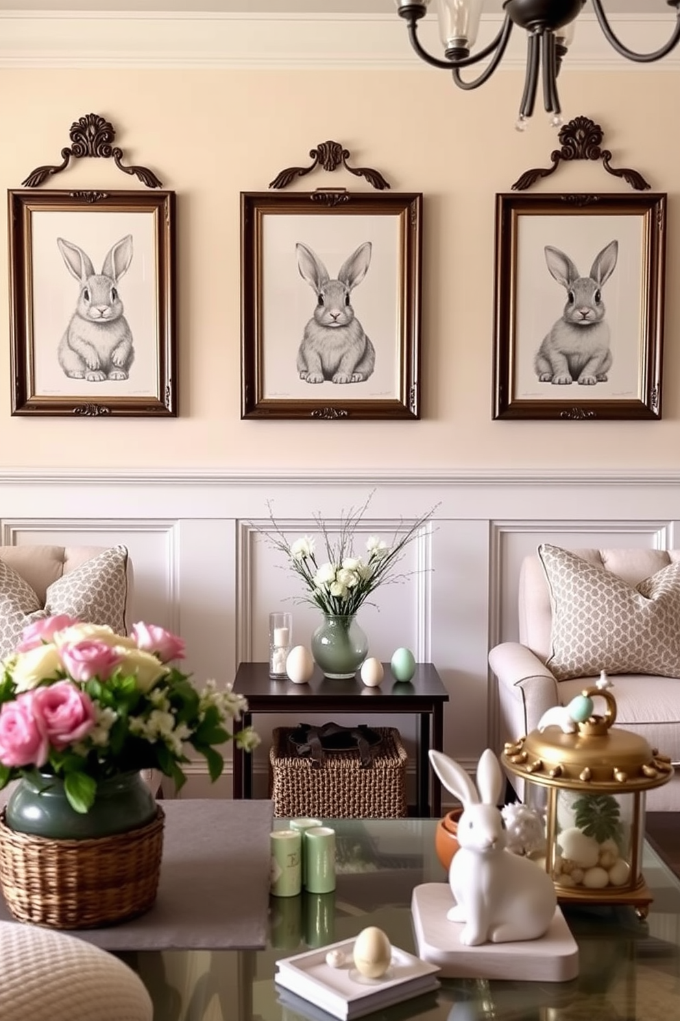 Charming bunny prints in elegant frames adorn the walls of a cozy living room. Soft pastel colors create a cheerful atmosphere, while decorative elements like fresh flowers and Easter-themed accents enhance the seasonal decor.