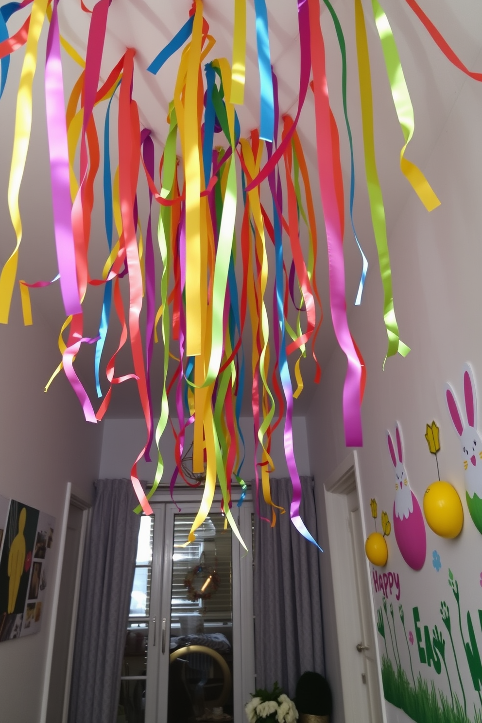 Colorful streamers hang from the ceiling, creating a vibrant atmosphere filled with joy and celebration. The walls are adorned with cheerful Easter-themed decorations, including painted eggs and bunny motifs, enhancing the festive spirit throughout the apartment.