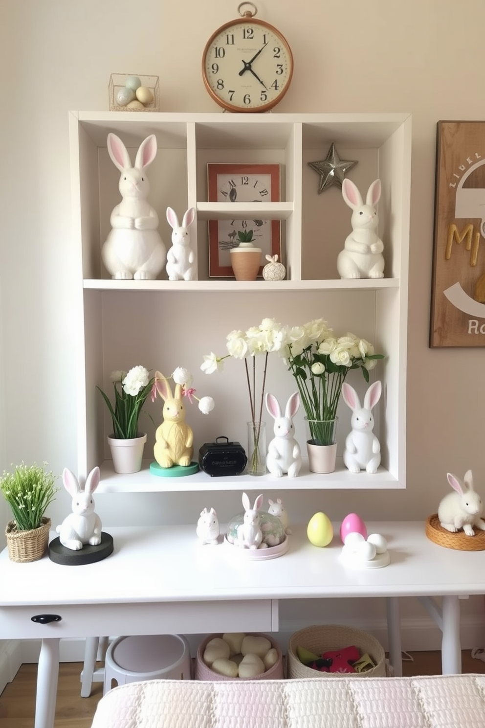 Create a charming apartment setting adorned with bunny figurines placed on various shelves and tables. The decor features pastel colors and playful accents that evoke a festive Easter atmosphere.