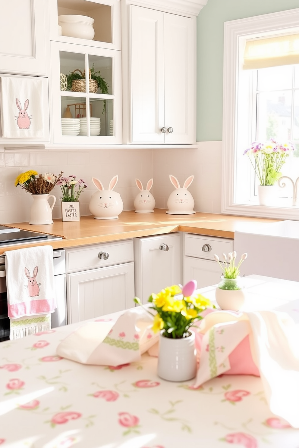 A cheerful kitchen adorned with Easter themed towels and linens. The towels feature pastel colors and playful bunny motifs, while the table linens showcase delicate floral patterns, creating a festive atmosphere. The kitchen is bright and inviting, with light streaming in through the window. Decorated with small potted flowers and colorful egg centerpieces, the space embodies the spirit of springtime celebrations.