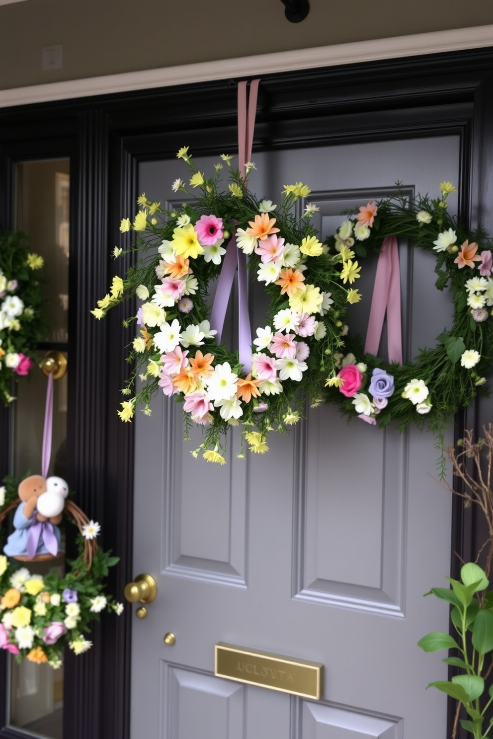 A collection of decorative wreaths adorned with vibrant spring flowers hangs on the front door of a cozy apartment. The wreaths feature a mix of pastel blooms and greenery, creating a cheerful and inviting atmosphere for Easter celebrations.