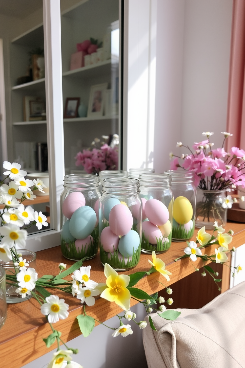 Painted Easter eggs in glass jars create a charming and festive display. The jars are arranged on a wooden shelf, surrounded by spring flowers and pastel-colored decorations. Delicate pastel hues of pink, blue, and yellow adorn the eggs, adding a playful touch to the decor. Soft natural light filters through the window, enhancing the cheerful atmosphere of the apartment.