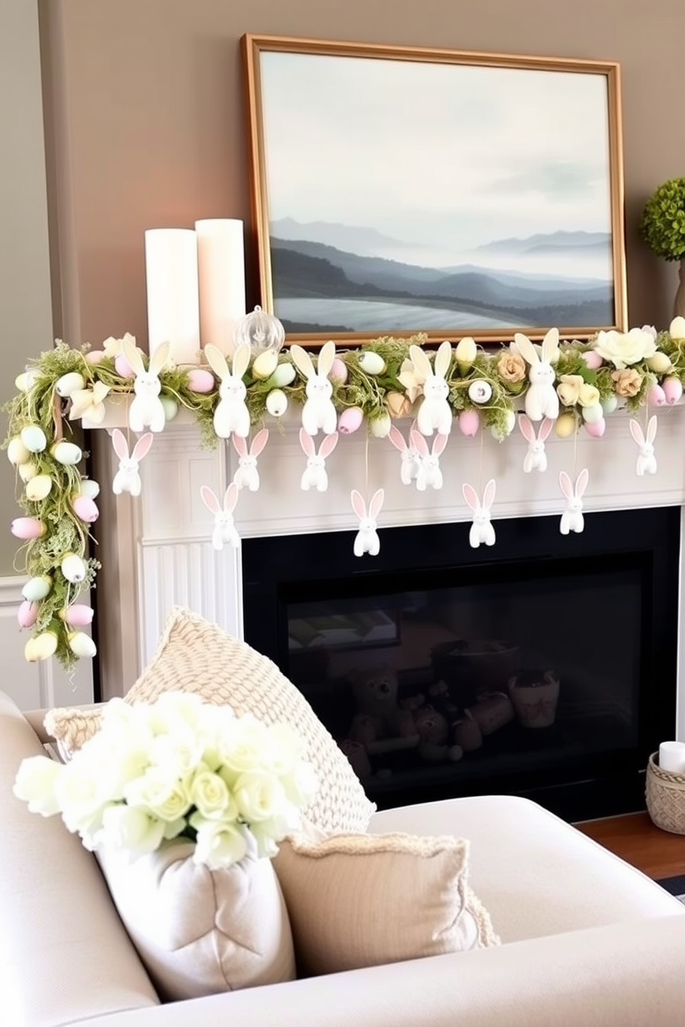 Charming bunny garlands drape gracefully across the mantel, adding a whimsical touch to the Easter decor. The soft pastel colors of the garlands complement the seasonal decorations, creating a warm and inviting atmosphere in the apartment.