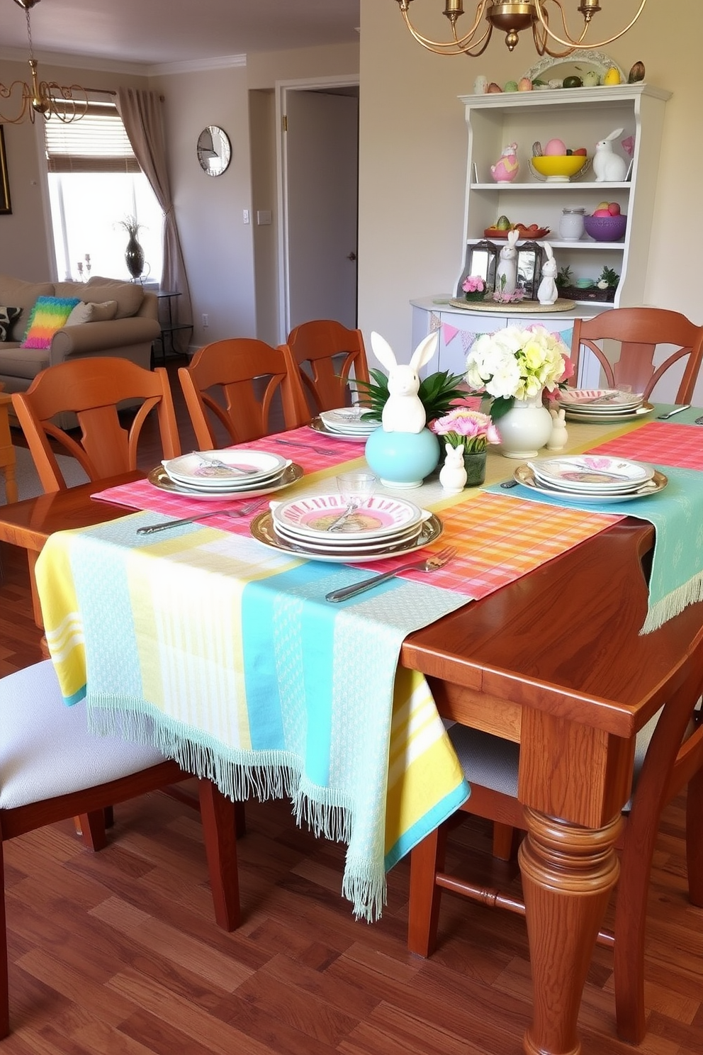 A vibrant dining table adorned with colorful table runners in various patterns and hues. The runners drape elegantly over a polished wood table, complemented by an array of decorative plates and fresh floral arrangements. An inviting apartment setting showcasing Easter decorating ideas with pastel-colored accents. Delightful decorations such as bunny figurines and egg centerpieces create a cheerful atmosphere, enhancing the festive spirit.