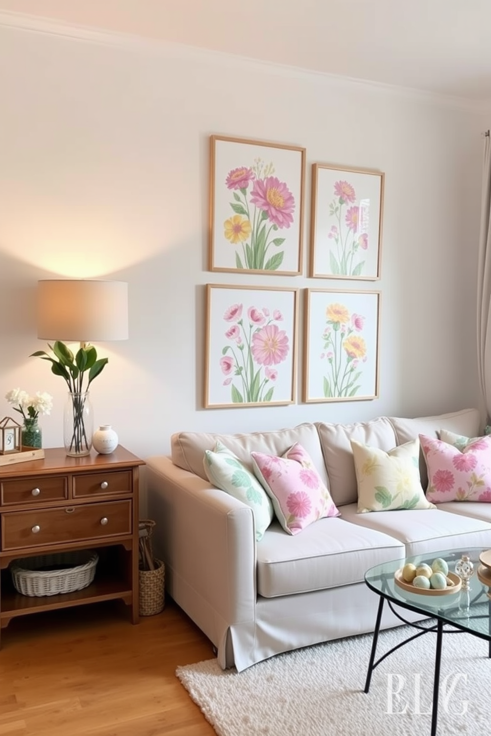 Spring themed artwork adorns the walls of a cozy apartment creating a vibrant and cheerful atmosphere. Bright floral prints in pastel colors complement the light and airy decor, enhancing the festive spirit of Easter.