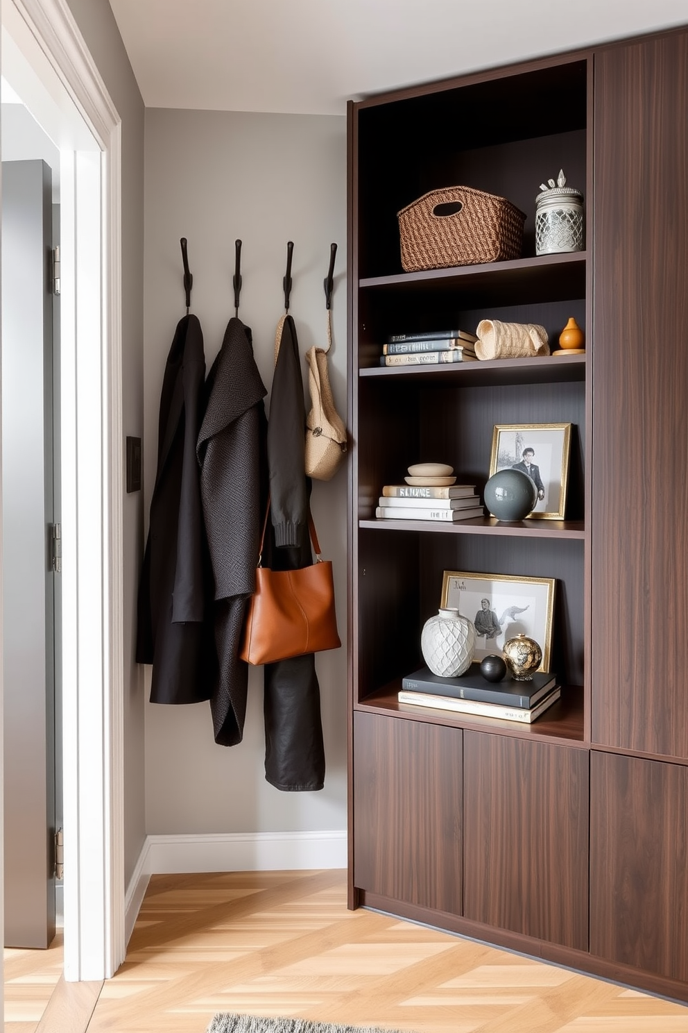 A stylish apartment entryway featuring tall storage solutions that maximize vertical space. The walls are adorned with hooks for coats and bags, while a sleek cabinet with open shelving displays decorative items and provides additional storage.