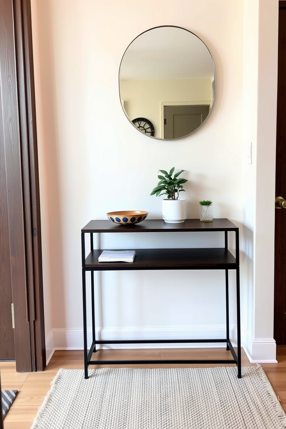 A stylish apartment entryway featuring a narrow table positioned against the wall for keys and mail. The table is adorned with a decorative bowl and a small potted plant, creating an inviting atmosphere. The walls are painted in a soft neutral tone, complemented by a sleek mirror above the table. A cozy area rug lies beneath the table, adding warmth and texture to the space.