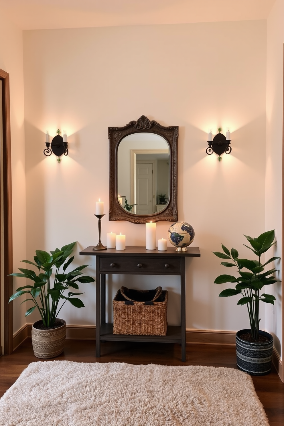 A warm and inviting apartment entryway features a console table against the wall with a decorative mirror above it. Soft lighting from stylish wall sconces creates a cozy atmosphere while a collection of scented candles in varying heights adds a welcoming fragrance. The floor is adorned with a plush area rug that complements the color scheme of the space. Potted plants flanking the entryway bring a touch of nature indoors, enhancing the overall aesthetic of comfort and elegance.