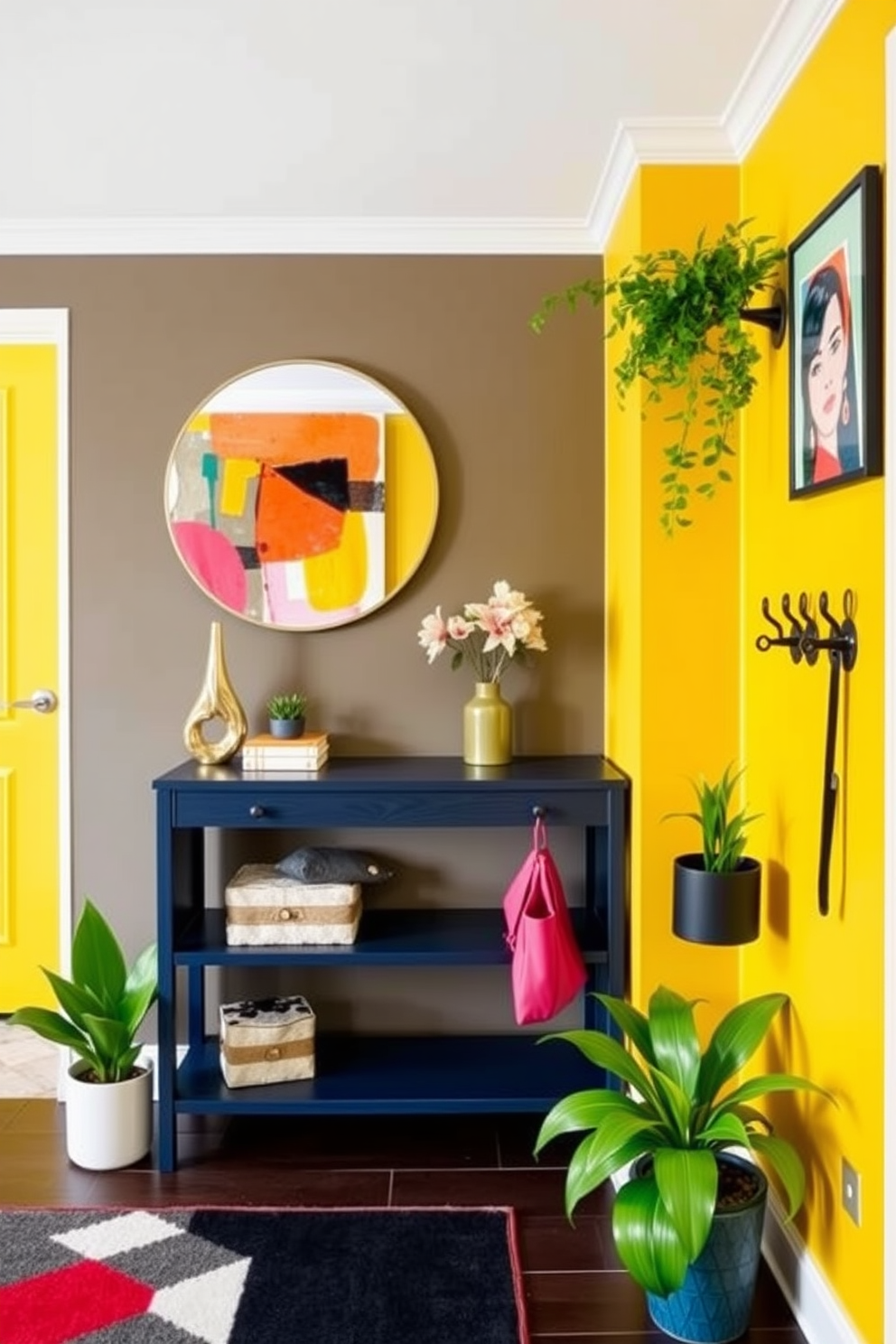 Create a vibrant apartment entryway that features a bold yellow accent wall paired with a sleek navy console table. Add a large round mirror above the table, and place a colorful abstract artwork on the adjacent wall to enhance the lively atmosphere. Incorporate a playful area rug with geometric patterns to define the space, and use bright green potted plants for a touch of freshness. Complete the look with stylish hooks for coats and bags, ensuring functionality while maintaining the energetic design.