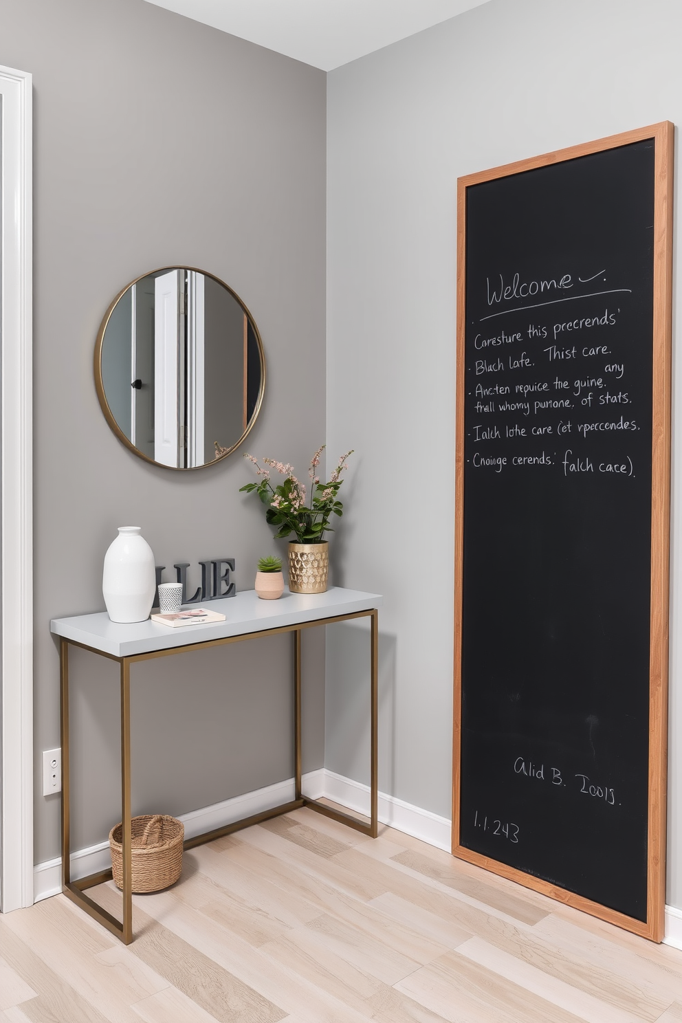 A stylish apartment entryway features a sleek console table against the wall, topped with decorative items and a small potted plant. To the side, a large chalkboard mounted on the wall serves as a functional space for messages and reminders, enhancing the welcoming atmosphere.