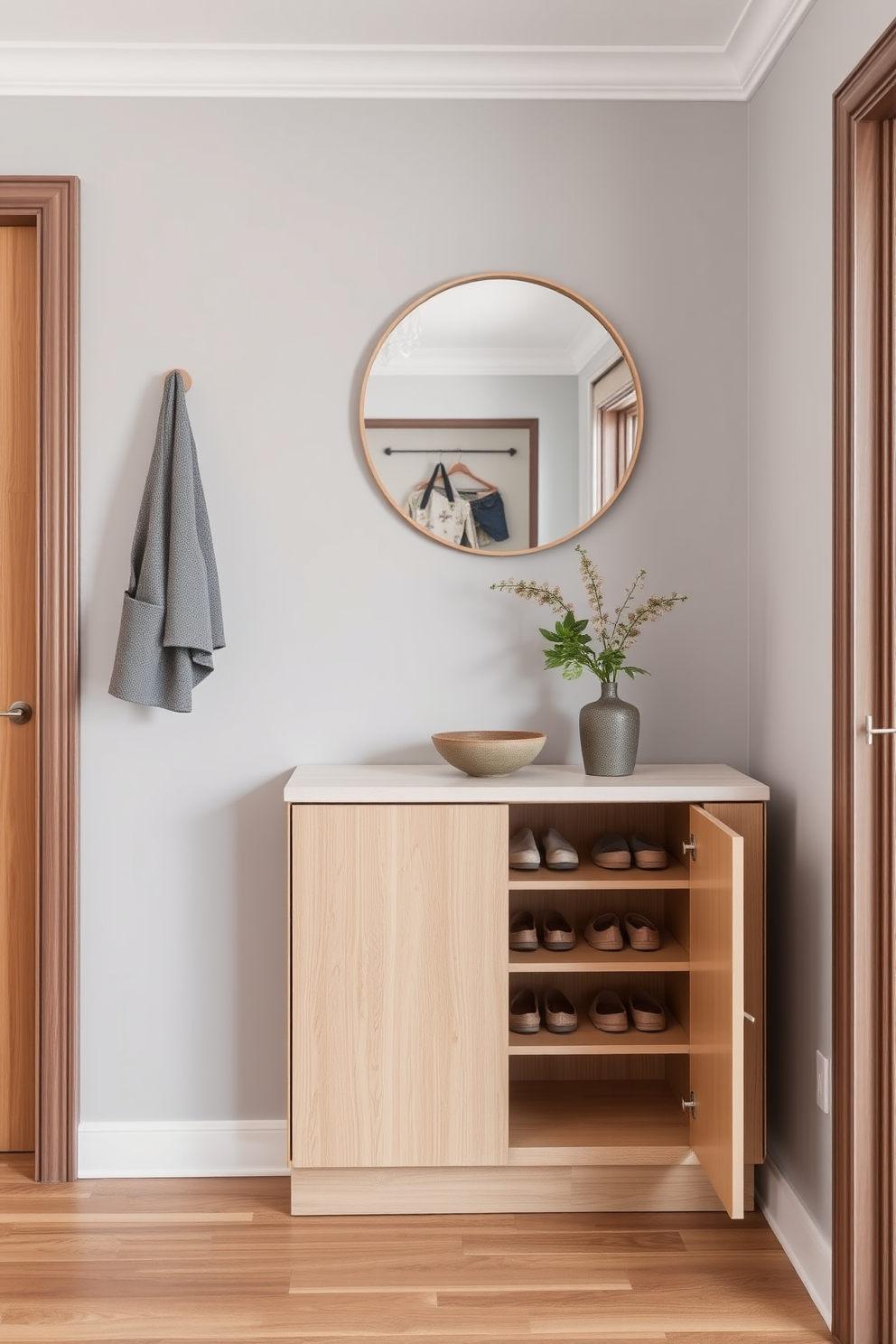 A stylish apartment entryway featuring a sleek shoe cabinet that blends seamlessly with the decor. The cabinet is made of light wood with a minimalist design, providing ample storage while maintaining a tidy appearance. The walls are painted in a soft gray hue, creating a calm atmosphere. A round mirror hangs above a small console table, adorned with a decorative bowl and a potted plant for a welcoming touch.