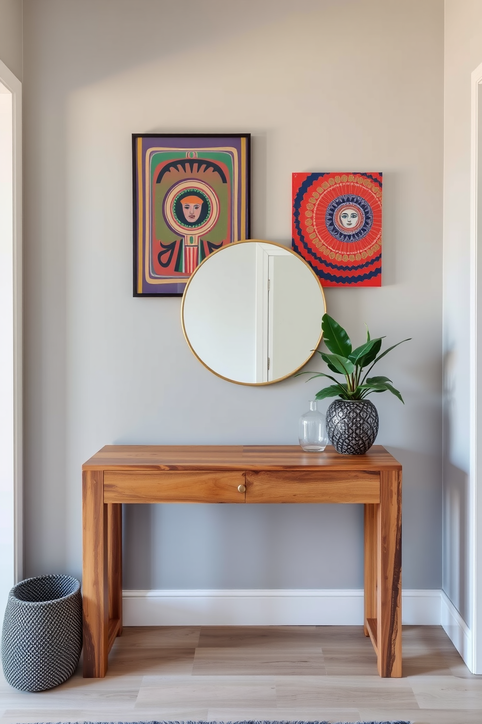 A stylish apartment entryway features a sleek console table made of reclaimed wood, topped with a decorative mirror and a small potted plant. The walls are painted in a soft gray, adorned with vibrant wall art that adds personality and warmth to the space.