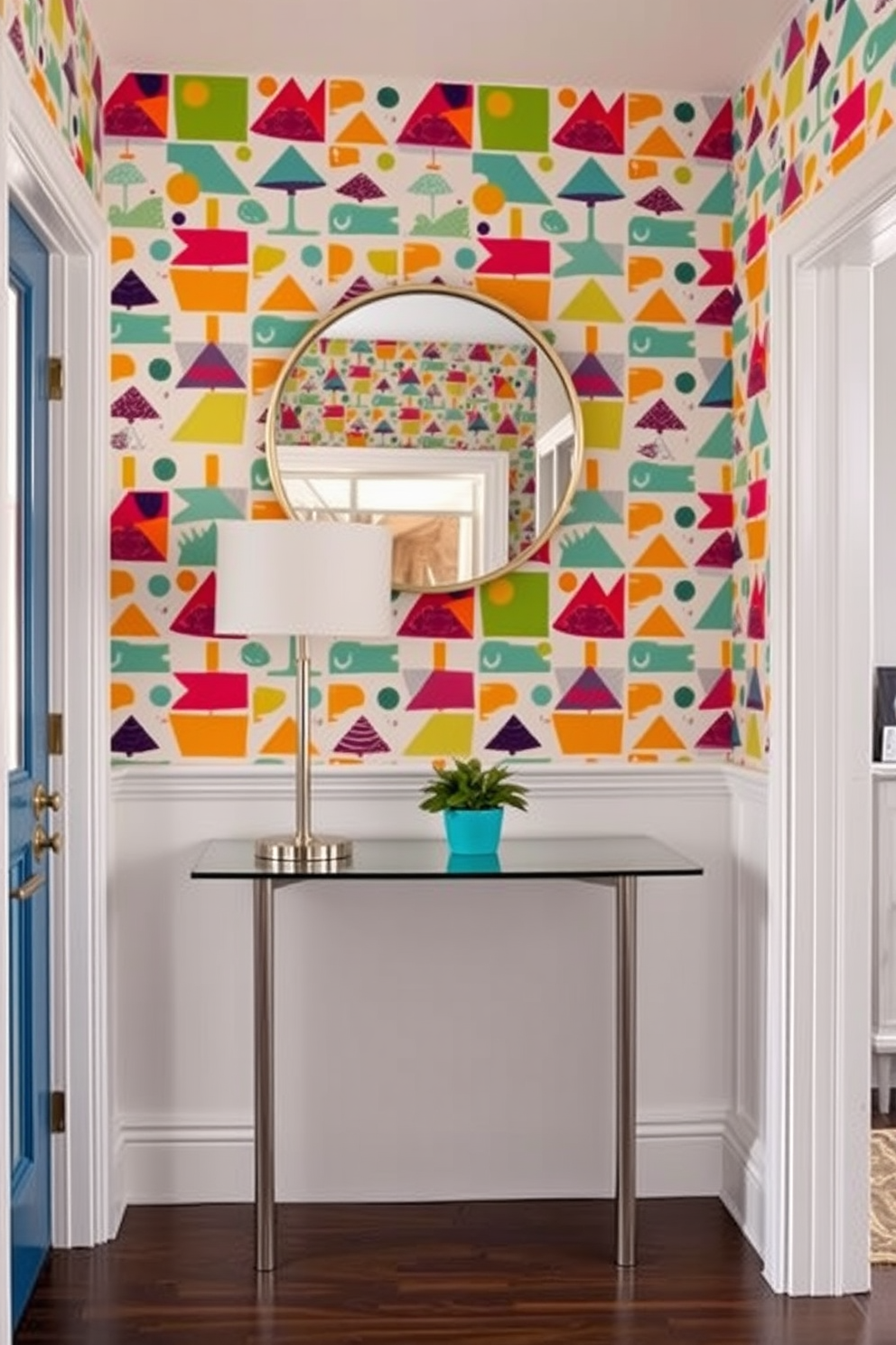 A vibrant entryway filled with personality. The walls are adorned with a whimsical wallpaper featuring colorful geometric patterns that immediately draw the eye. A sleek console table sits against the wall, topped with a stylish lamp and a small potted plant. A round mirror hangs above the table, reflecting the playful atmosphere of the space.