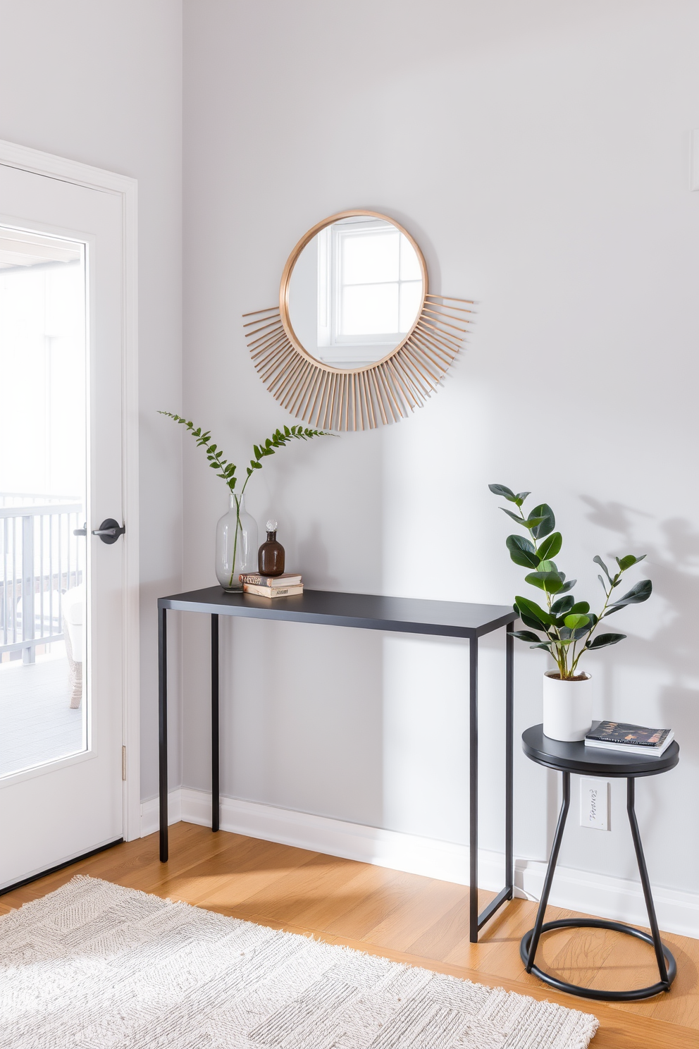 A stylish apartment entryway features a sleek console table against a light gray wall. A decorative mirror hangs above the table, reflecting natural light from a nearby window. To the right of the console, a small side table holds essentials like keys and mail. A potted plant adds a touch of greenery, while a soft rug in neutral tones anchors the space.