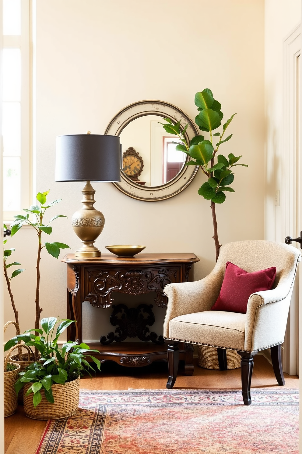 A charming apartment entryway features a vintage wooden console table with intricate carvings, topped with a stylish lamp and a decorative bowl. The walls are painted in a soft cream color, and a round mirror with a distressed frame hangs above the table, reflecting natural light from a nearby window. To the side, a cozy armchair upholstered in a rich fabric invites guests to sit, while a patterned area rug adds warmth to the space. Potted plants in woven baskets bring a touch of greenery, enhancing the welcoming atmosphere of the entryway.