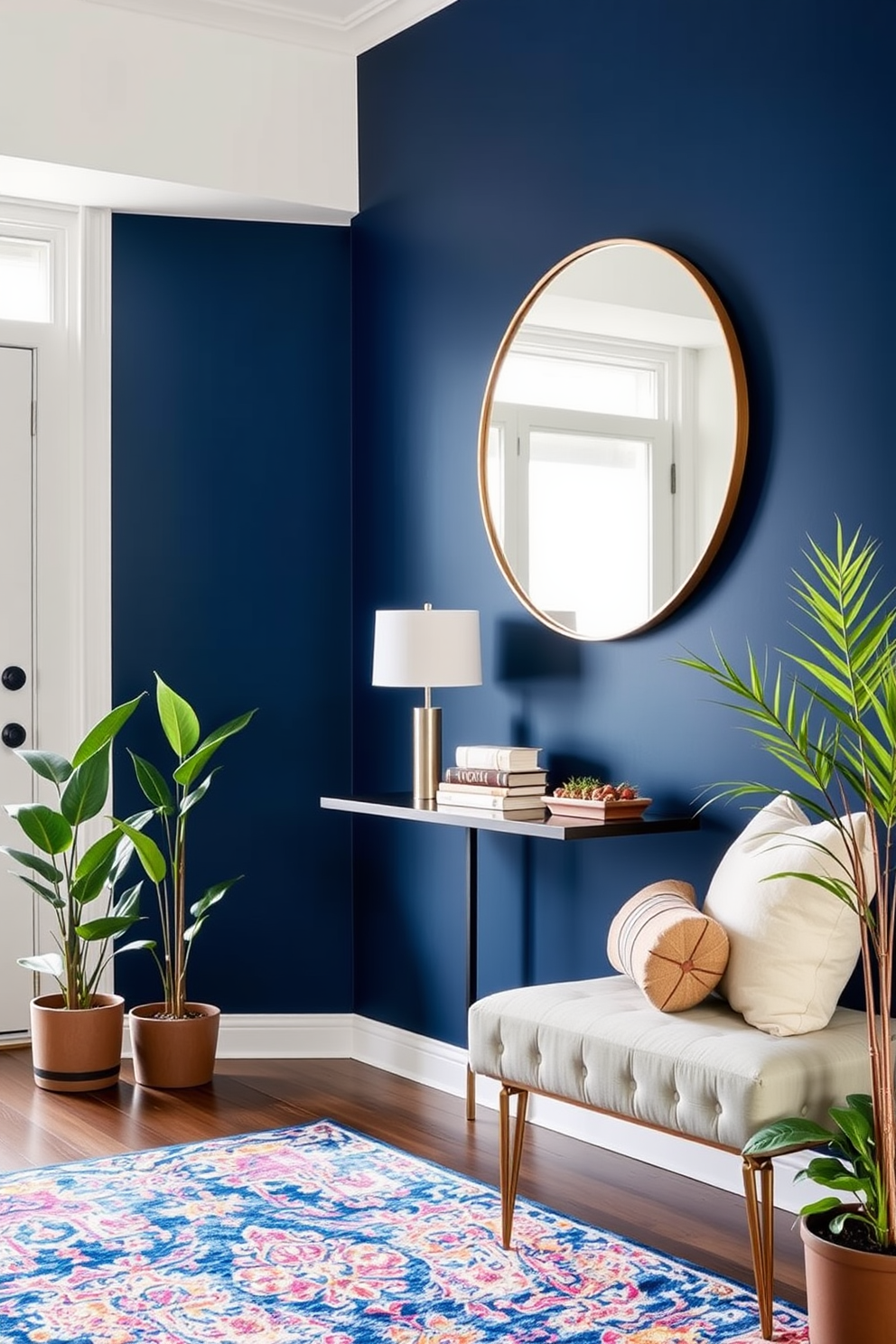 A stylish apartment entryway featuring a bold accent wall painted in deep navy blue. The space includes a sleek console table with a modern lamp and a decorative bowl, complemented by a large round mirror above it. To the side, a cozy bench with plush cushions provides seating, while a vibrant area rug adds warmth underfoot. Potted plants flanking the entryway bring a touch of greenery, enhancing the inviting atmosphere.