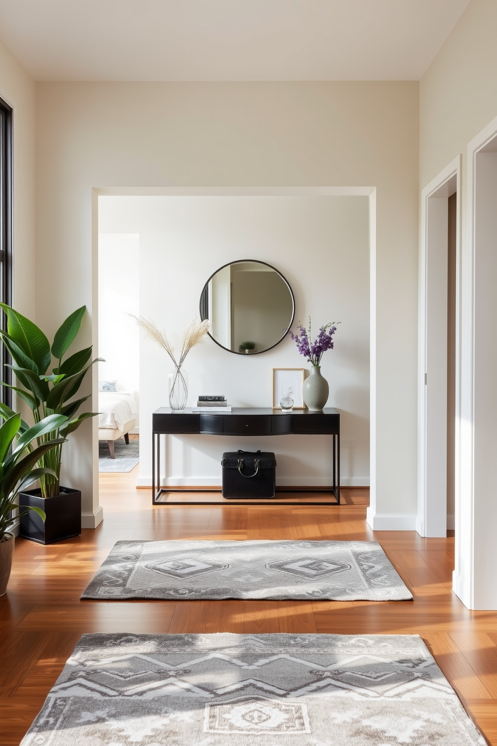 A chic apartment entryway featuring a stylish rug that adds warmth and texture to the space. The walls are painted in a soft neutral tone, complemented by a sleek console table adorned with decorative items and a mirror above it. Flanking the entryway are potted plants that bring a touch of nature indoors. The floor is a polished hardwood, enhancing the overall elegance of the design.