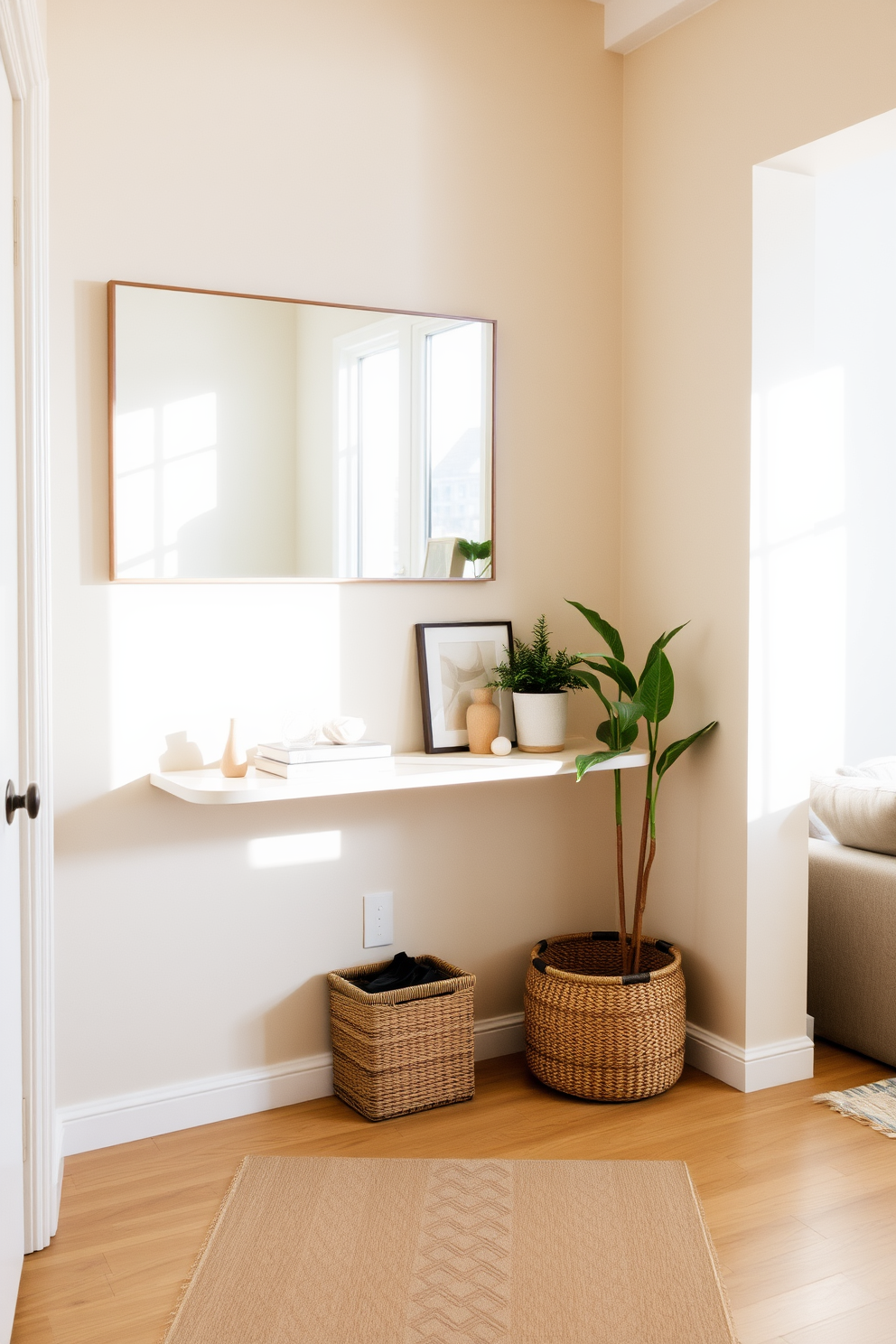 A stylish apartment entryway features a sleek console table against the wall, adorned with decorative items and a small indoor plant. A large mirror hangs above the table, reflecting natural light that pours in from a nearby window, creating a welcoming atmosphere. To the side, a potted snake plant adds a touch of greenery, while a woven basket underneath holds shoes and accessories. The walls are painted in a soft beige, and a chic runner rug in muted tones leads into the main living area.