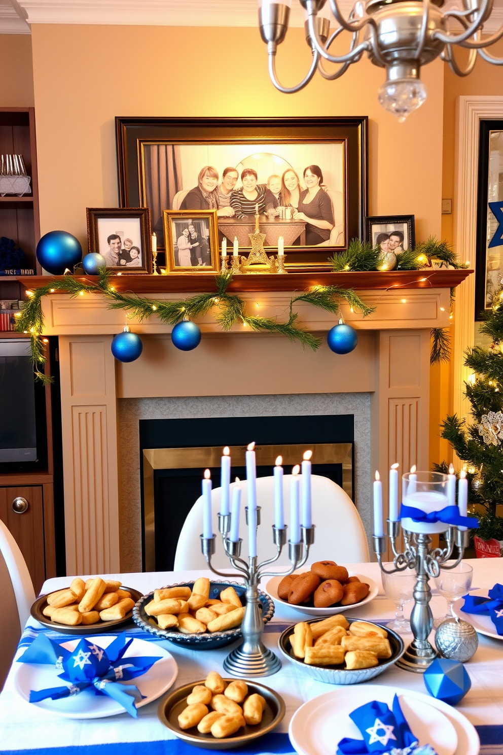 Framed family photos showcasing Hanukkah celebrations are arranged on a mantelpiece. The photos are surrounded by festive decorations, including blue and silver ornaments and a menorah. The apartment is adorned with Hanukkah-themed decor, featuring string lights and dreidels. A beautifully set table displays traditional foods, enhancing the warm and inviting atmosphere of the celebration.