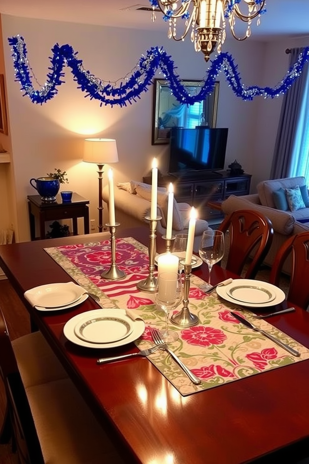 Charming table runners in festive colors adorn a beautifully set dining table. The runners feature vibrant patterns that capture the spirit of Hanukkah, complemented by elegant dinnerware and candles. Apartment Hanukkah decorating ideas include hanging blue and silver garlands across the living room. Soft lighting creates a warm ambiance, enhancing the festive atmosphere throughout the space.