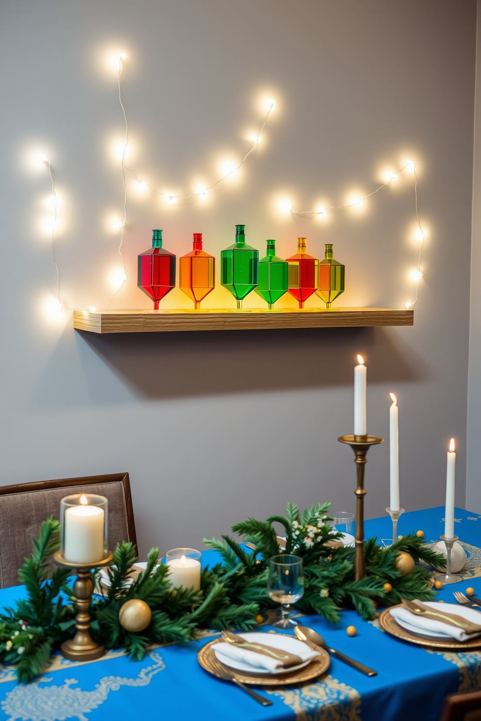 Brightly colored glass dreidels are artfully arranged on a sleek wooden shelf, adding a vibrant touch to the festive atmosphere. Soft white string lights are draped around the shelf, illuminating the dreidels and creating a warm, inviting glow. A beautifully set dining table features a blue tablecloth adorned with gold accents, complementing the colorful dreidels. Fresh greenery and candles are placed strategically to enhance the holiday spirit and provide a cozy ambiance.