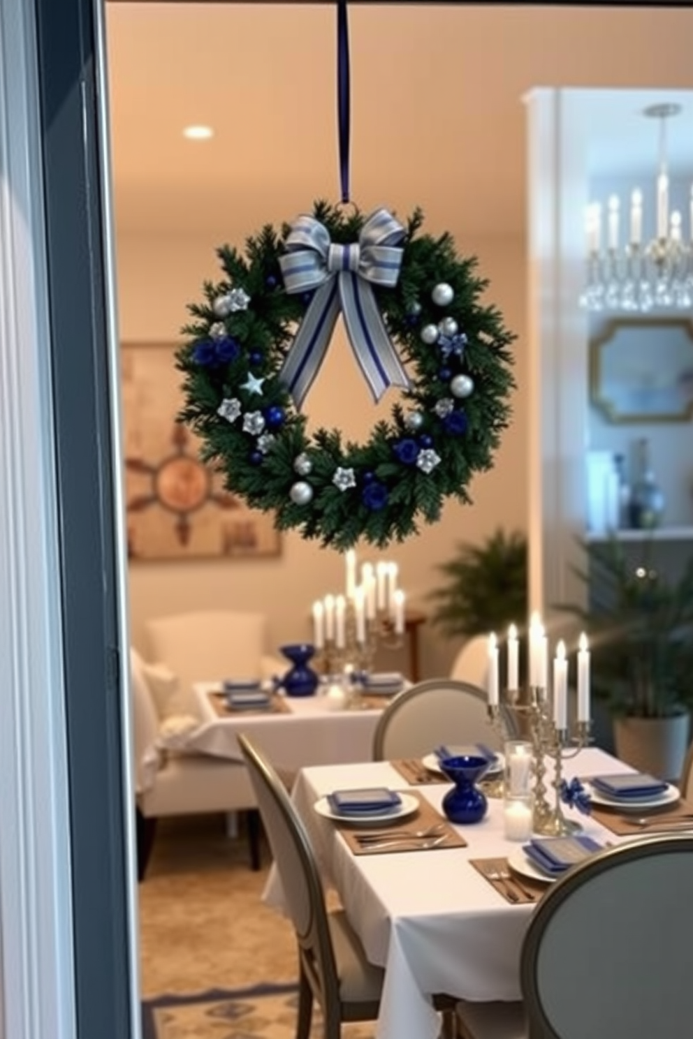 A seasonal wreath adorned with blue and white accents hangs on the front door, welcoming guests with a festive touch. Inside the apartment, elegant Hanukkah decorations feature soft lighting and a beautifully set table for family gatherings.