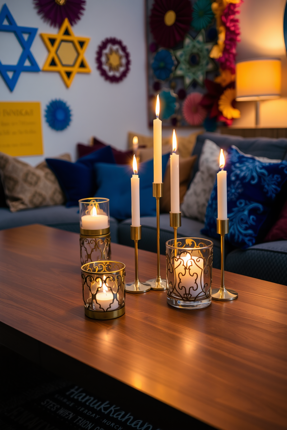 Candle holders with unique designs are elegantly arranged on a sleek wooden table. The warm glow of the candles creates a cozy atmosphere, enhancing the festive spirit of the Hanukkah celebration. Colorful decorations inspired by traditional Hanukkah motifs adorn the walls. Soft textiles and plush cushions in rich blues and golds invite guests to relax and enjoy the holiday gathering.