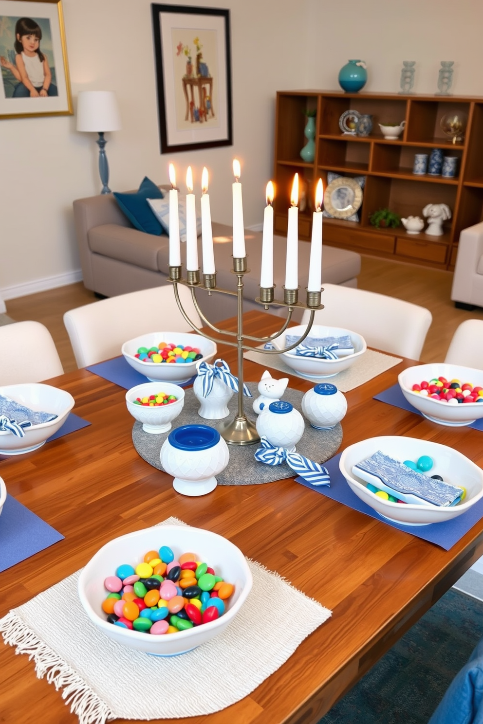 A festive apartment setting for Hanukkah. Decorative bowls filled with gelt and colorful candies are artfully arranged on a wooden dining table. Soft blue and white accents adorn the space, reflecting traditional Hanukkah colors. A menorah with lit candles sits prominently in the center, creating a warm and inviting atmosphere.